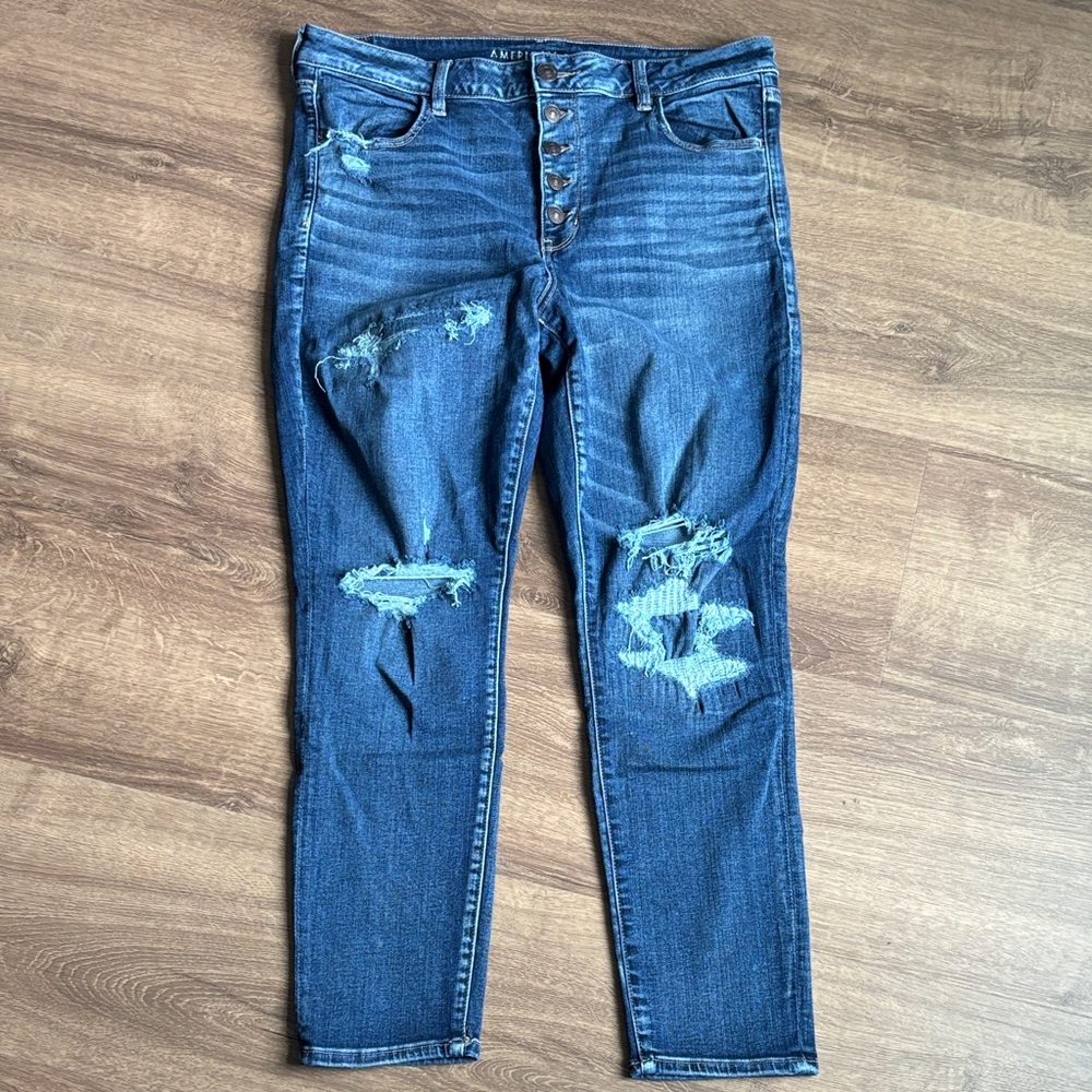 Distressed Dark Blue Women’s Jeans - Button Fly